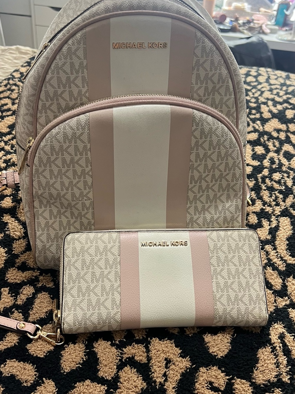 Michael Kors Cream and Blush Stripe Signature Backpack with Matching Wallet